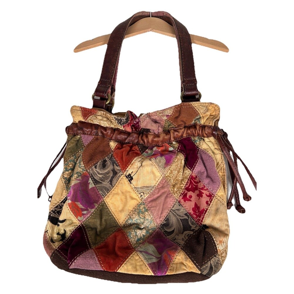 Vintage Lucky Brand Patchwork Boho Bag Velour Velvet Colorful Shoulder Purse